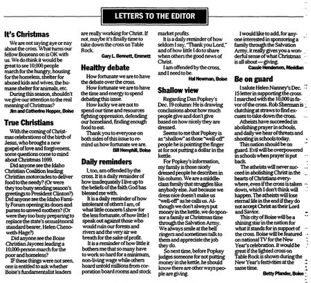 The section of “Letter to the Editor” displays various opinions and beliefs about the controversy of the Table Rock cross.