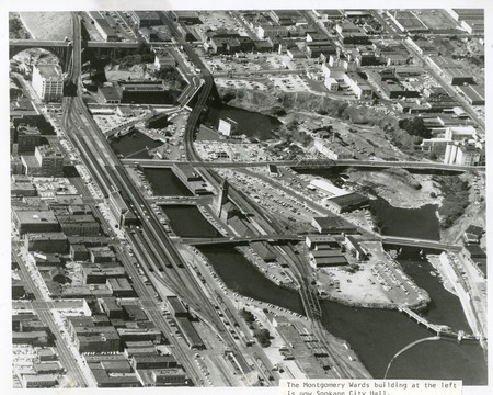 A picture of Spokane falls and downtown before renewal.