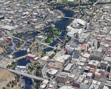 A google earth image of Spokane's downtown
