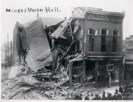 photo depicting the damage resulting from the explosion at the Miners Union Hall during Butte riots of 1914