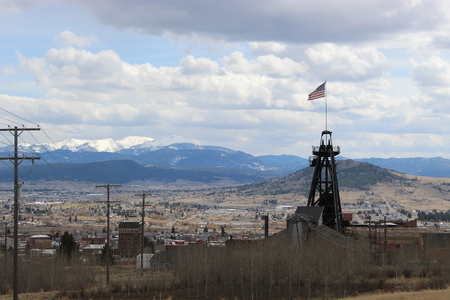View of Butte with headframe, looking south from downtown.