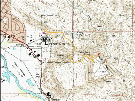 The topographic map illustrates the Table Rock Plateau, with the location of the cross marked, and shows the surrounding environment and structures.