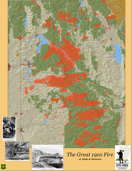 A map illustrating the extent of the 1910 "Big Blowup" wildfires across northern Idaho and western Montana.