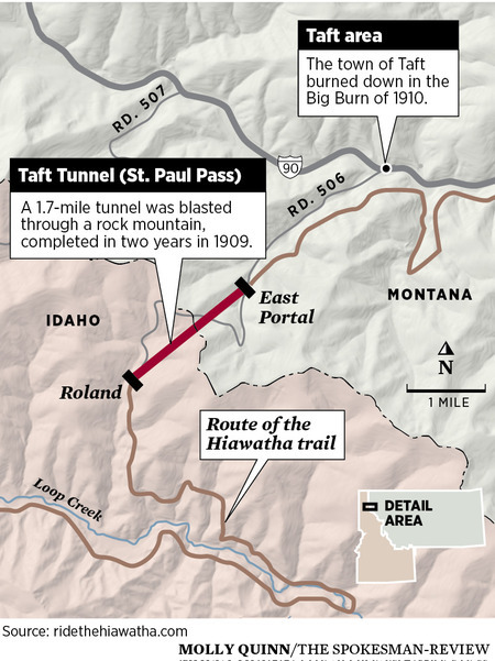 A map showing Taft, the Taft Tunnel, and the Hiawatha Trail.