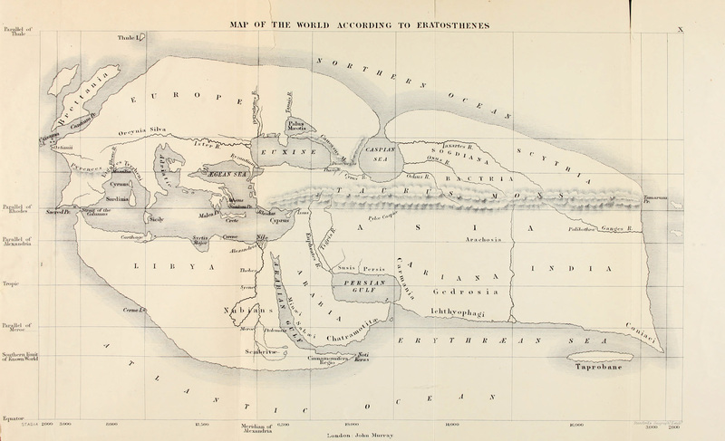 Map of the world according to Eratostenes as reconstructed by E.H. Bunbury in 'A history of ancient geography among the Greeks and Romans, from the earliest ages till the fall of the Roman Empire' (1883).