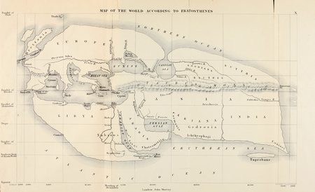 Map of the world according to Eratostenes as reconstructed by E.H. Bunbury in 'A history of ancient geography among the Greeks and Romans, from the earliest ages till the fall of the Roman Empire' (1883).