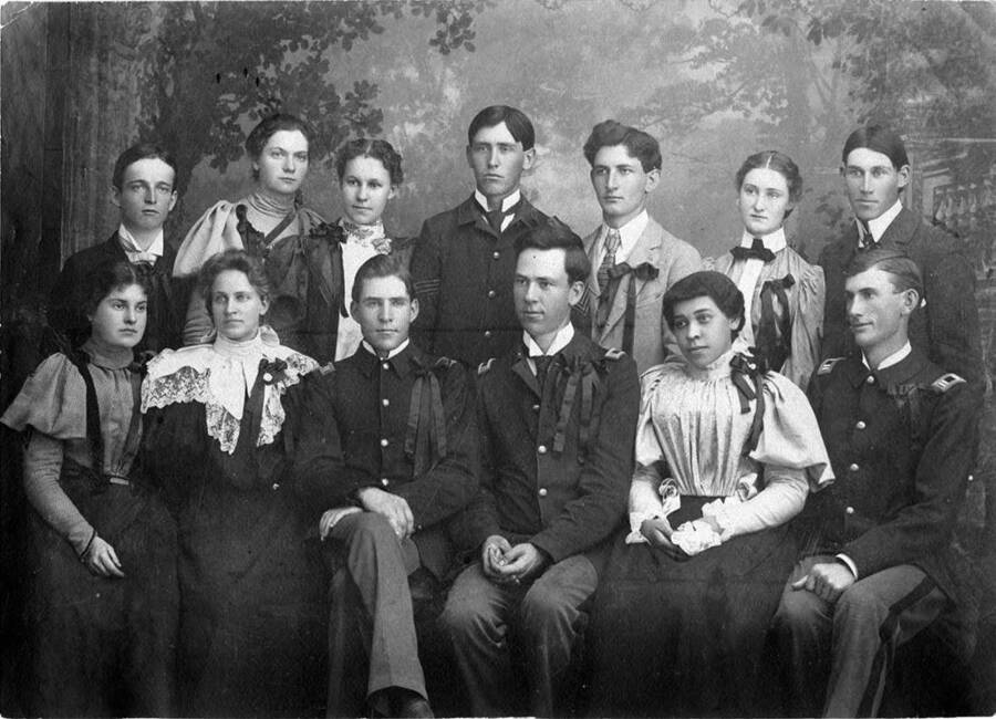 Group portrait of the University of Idaho graduating class of 1899. Jennie Eva Hughes, the first African American student, graduates.