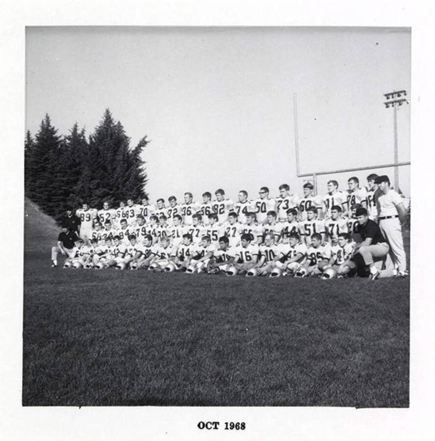 An angled group photo of the Vandal freshman football team wearing their white jerseys in front of the goal post.