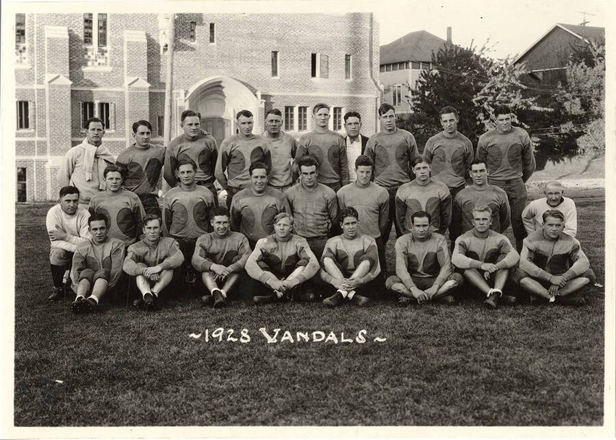 A group photo of the Vandal football team in 1928 with their coach Charlie Erb.