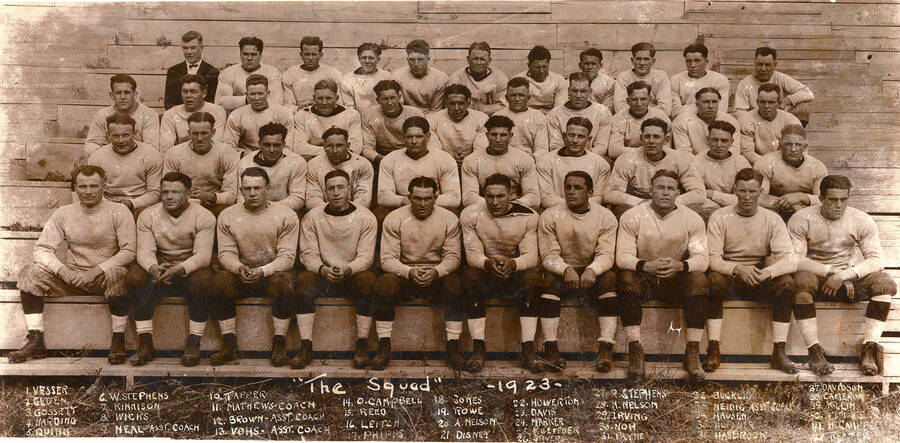 A group photo of the Vandal football team on bleachers in 1923 captioned with 'The Squad' and a list of the players photographed.