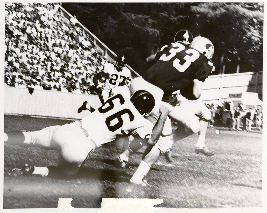 Ron Porter (66) of the University of Idaho tackles Larry Eilmes (33) of Washington State University during a football game with packed stands.
