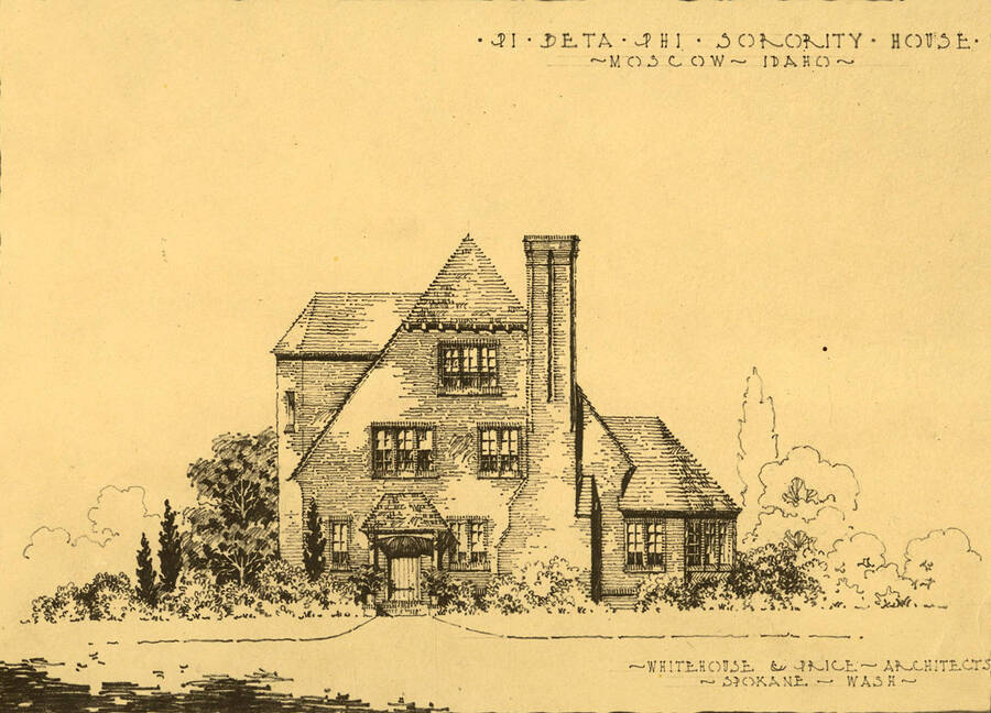 Architect's drawing, by Whitehouse and Price, of proposed Pi Beta Phi house, which is on the northeast corner of College and Deakin Avenues.