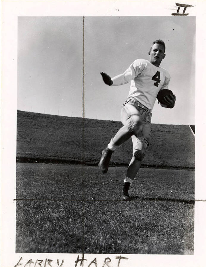 Action shot of quarterback Larry Hart (#4) of the University of Idaho football team.