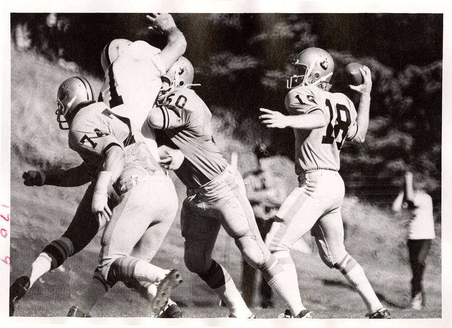 Two Vandals take on an opposing player as the University of Idaho quarterback prepares to pass the ball.