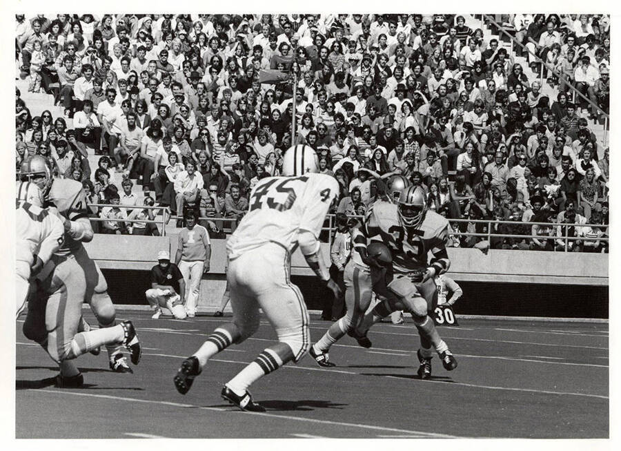 A packed audience watches as the Vandals run towards the defense.
