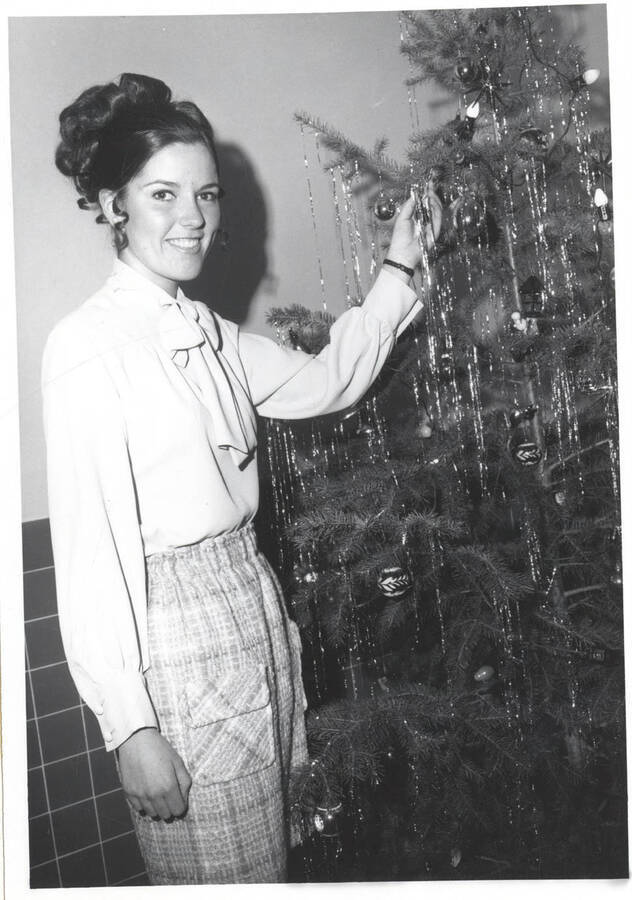Holly Queen Frances Tovey hangs decorations on a christmas tree.