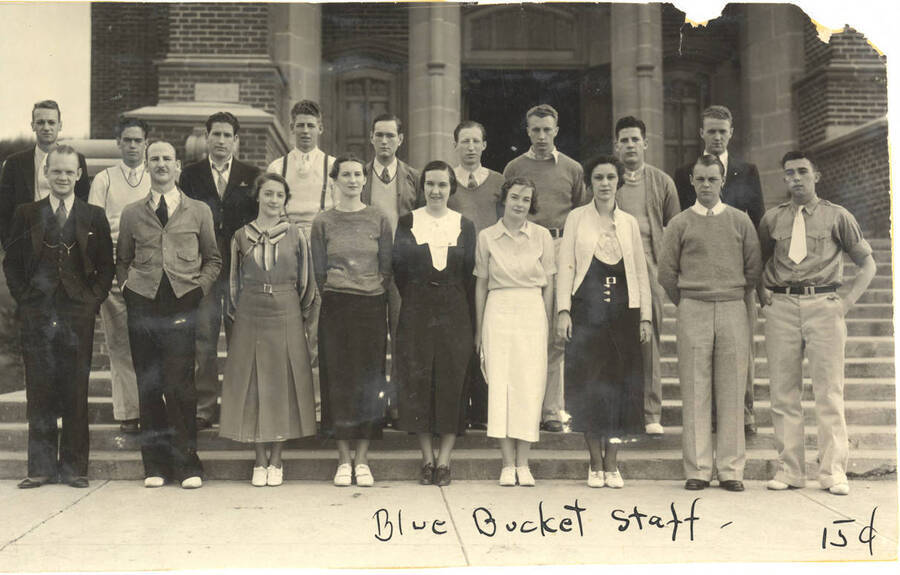 Idaho Blue Bucket staff pose for a group photo on the steps of Memorial Gym. The Idaho Blue Bucket is the official humor magazine for ASUI.