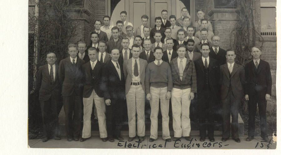 Members of the American Institute of Electrical Engineers pose for a photo in front of the Engineering Building. Caption reads: 'Electrical Engineers- 15'