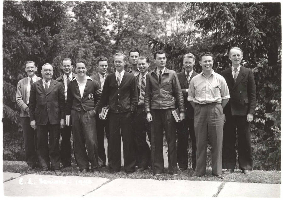 Group photo of the Electrical Engineers club members standing outside together. Caption reads: 'E.E. Seniors- 1940'.