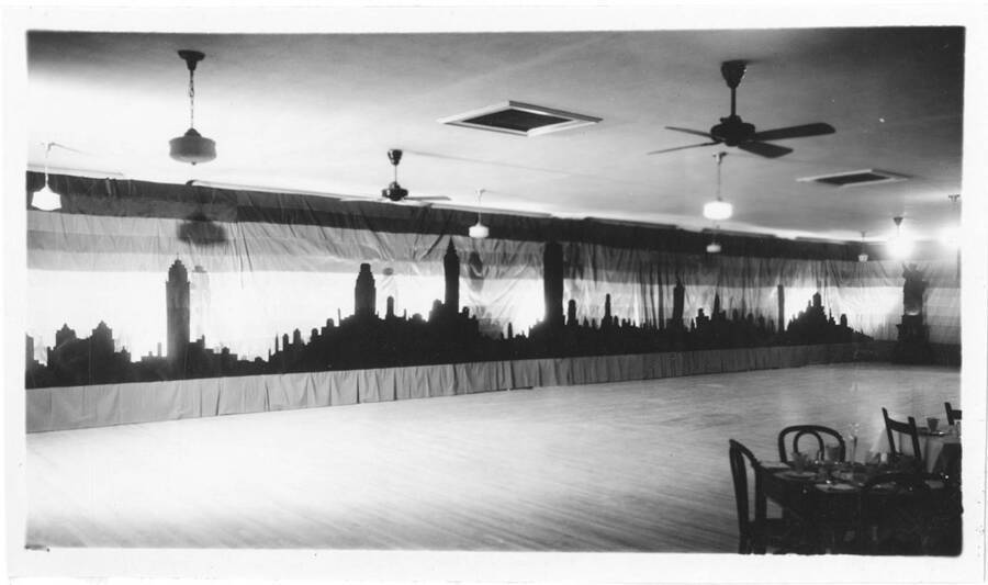A decorative curtain of the New York skyline for Sigma Chi formal dance.