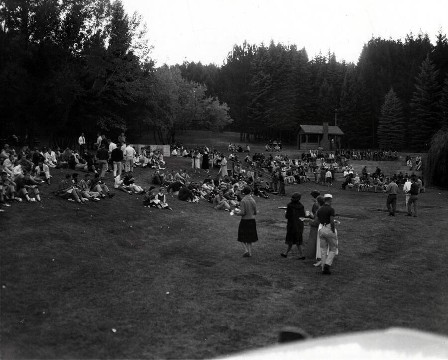 People find a place to sit at the all campus barbecue located in the old arboretum