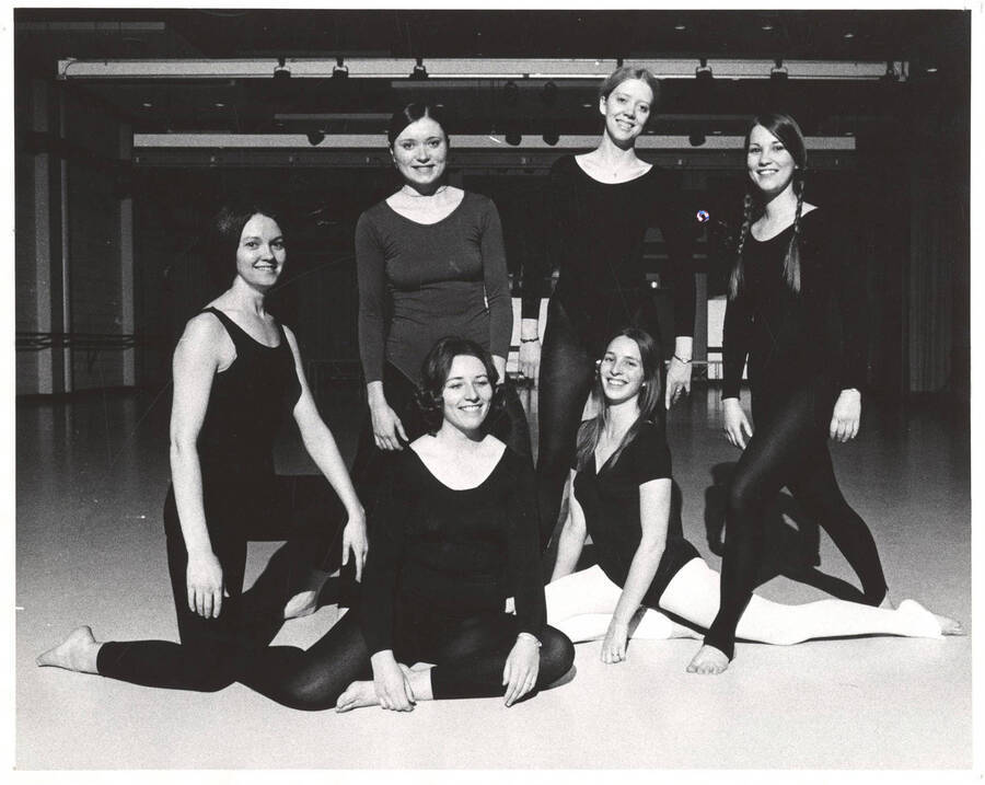 Orchesis dance group poses for a photo together. Individuals identified as pictured: Ann Wilson, Charlene Farwell, Shirley Zekna, Cleo Schild, Jeanette Reese, Mary Jude Hoeffel.