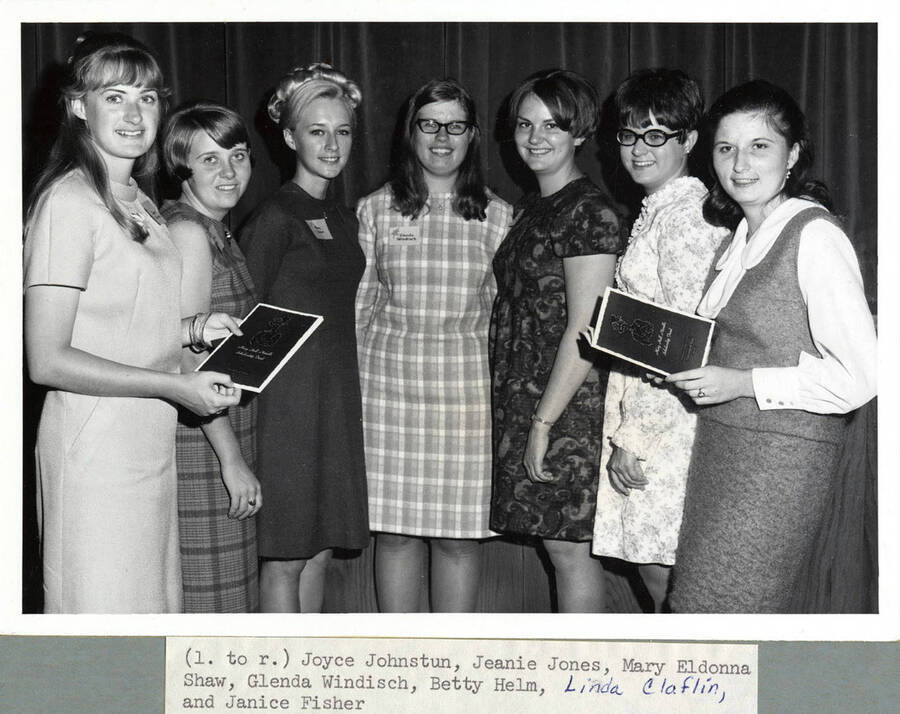 Mary Hall Niccolls award winners pose for a picture together. Individuals identified left to right: Joyce Johnstun, Jeanie Jones, Mary Eldonna Shaw, Glenda Windisch, Betty Helm, Linda Claflin and Janice Fisher