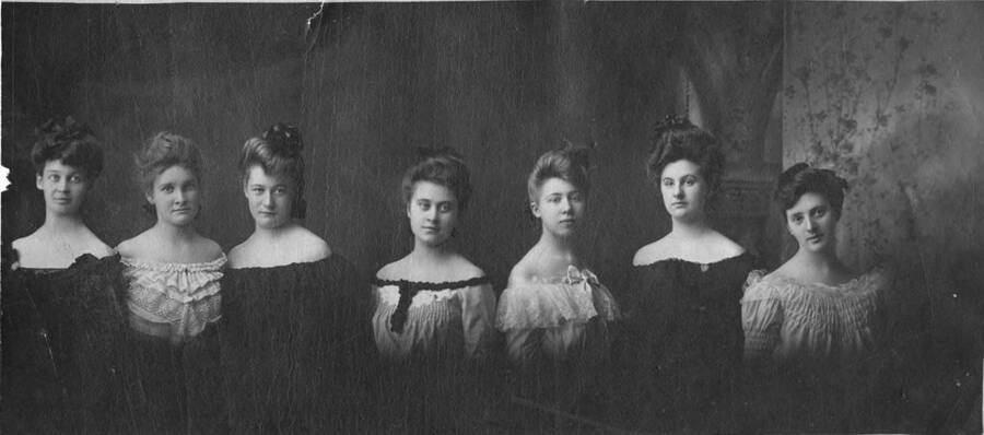 A group portrait of the ladies of Alpha Delta Pi, which became Gamma Phi Beta in 1910. From left to right: Margaret Henderson, Metta Beatrice Dunbar, Christina Almaya Playfair, Rebekah Pearle Wickstrom, Florence May Zumhof, Lucile Mary Mix, Myra Irene Moody, Abbie Mix, Georgia Ethell Moody, Lara May Forney, Edna Mabel Wahl.
