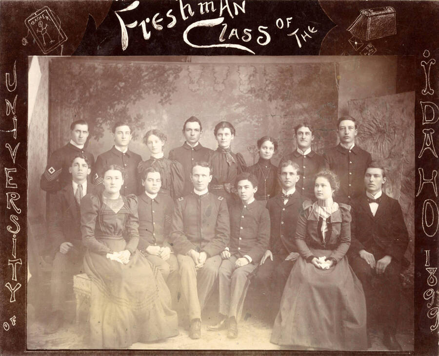 The freshman class of 1902 sits for a formal group portrait. Individuals identified as listed. Back (left to right): Charles Fisher, Jesse Wright, Winifred Booth, Clarence Edget, Marie Shannon, Lucille Mix (Day), Fred McConnell, Lawrence Corbett. Front (left to right): Robert Barkwill, Marie Cuddy, Harold Gilbert, H. Lancaster, B. Oppenheim, D. Morris, E. Wilson, A. Peterson.