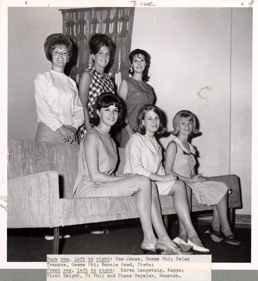 The finalists for Miss University of Idaho pose together for a picture. Individuals identified as listed. Back row (left to right): Pam Jones, Helen Transue, Bonnie Dowd. Front row (left to right): Karen Longeteig, Vicki Haight, Diane Beyeler.