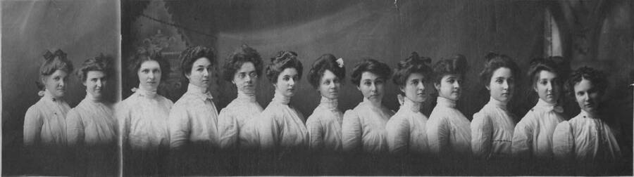 A group photo of the ladies of Alpha Delta Pi, which became Gamma Phi Beta in 1910. From left to right: Lara May Forney, Abbie Mix, Metta Beatrice Dunbar, Georgia Ethel Moody, Rebekah Pearle Wickestrom, Myra Irene Moody, Lucile Mary Mix, Margaret Henderson, Nellie Belle Ireton, Florence May Zumhof, Zoia Annabel Clark.