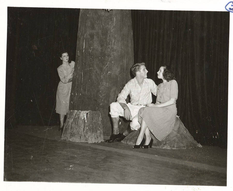Students from l-r: Shirley Brandt as Joanna Trout, Richard Peterson as Mr. Purdie, and Polly Harris as Mabel Purdie. University of Idaho students act out a group scene for the play, 'Dear Brutus.'