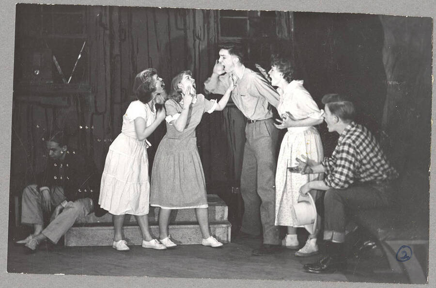 From l-r: Harry Dalva as Commodore, Lorraine Cole as Topal, Colleen Christensen as Evvie, Robert Gartin as Arthur, Marie Hargis as Mrs. Crochet and William Davidson as Mr. Tobin. Every character but Commodore tests out their range in a voice contest in Idaho drama's production of 'The Great Big Doorstep.'