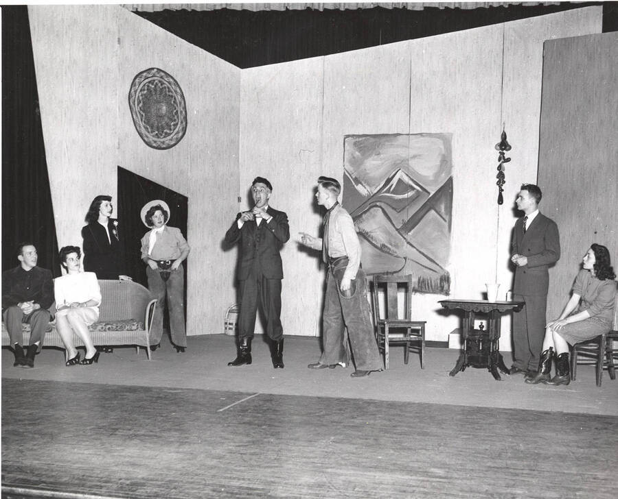 Idaho drama performers act out a group scene during production of the play, 'Sing, Singleton, Sing.'