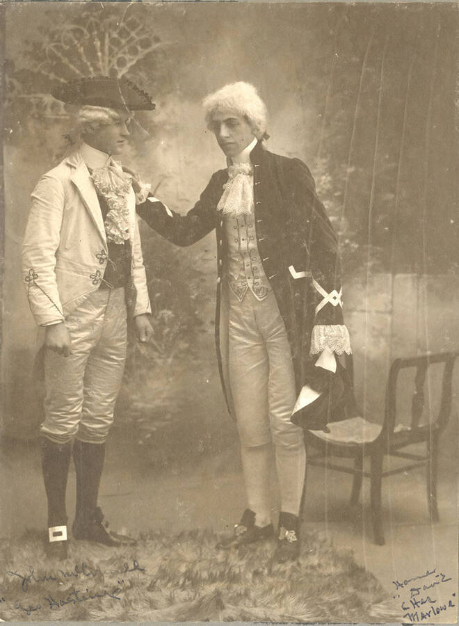 J. McConnell, as George Hastings, talks to and Homer David, as Charles Marlowe, in the University of Idaho's production of "She Stoops to Conquer."