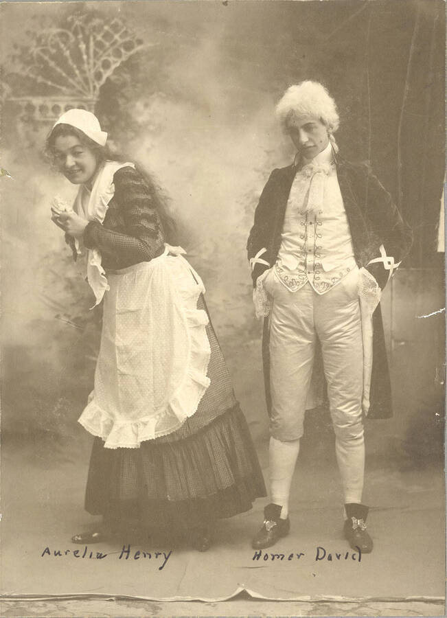 Aurelia Henry and Homer David pose as Kate Hardcastle and Charles Merlowe in the University of Idaho's original production of "She Stoops to Conquer."