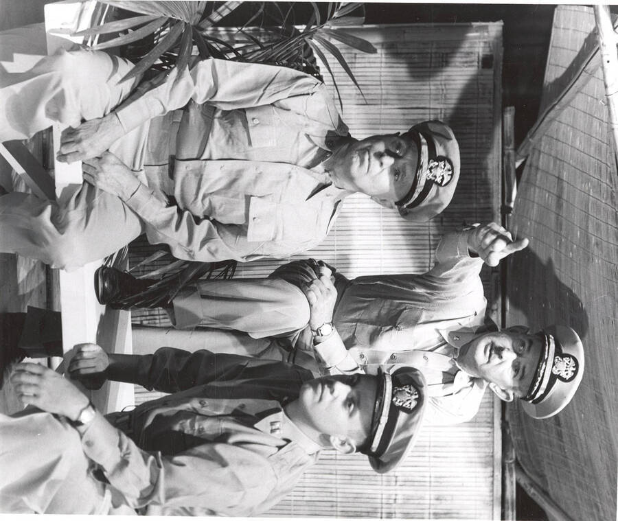 George Woodbury and Gale Mix, Jr. pose as military men in Idaho drama's production of "South Pacific."