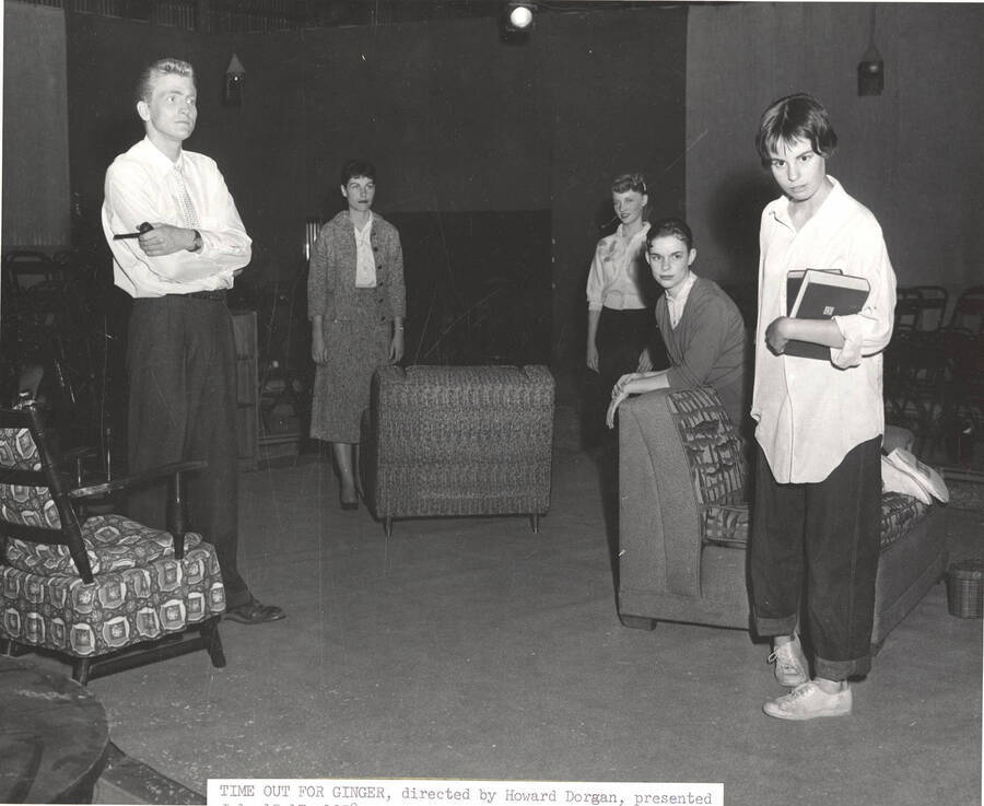 Clifford Cook, Jacquelyn Bushong and Harriet Hosack as Ginger, among others, pose during Idaho drama's production of "Time Out for Ginger."