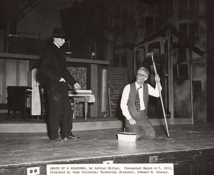 Duane Ness as 'Uncle Ben' and Tom Wright as 'Willy Loman' performing a scene together during a drama production 'Death of a Salesman'.