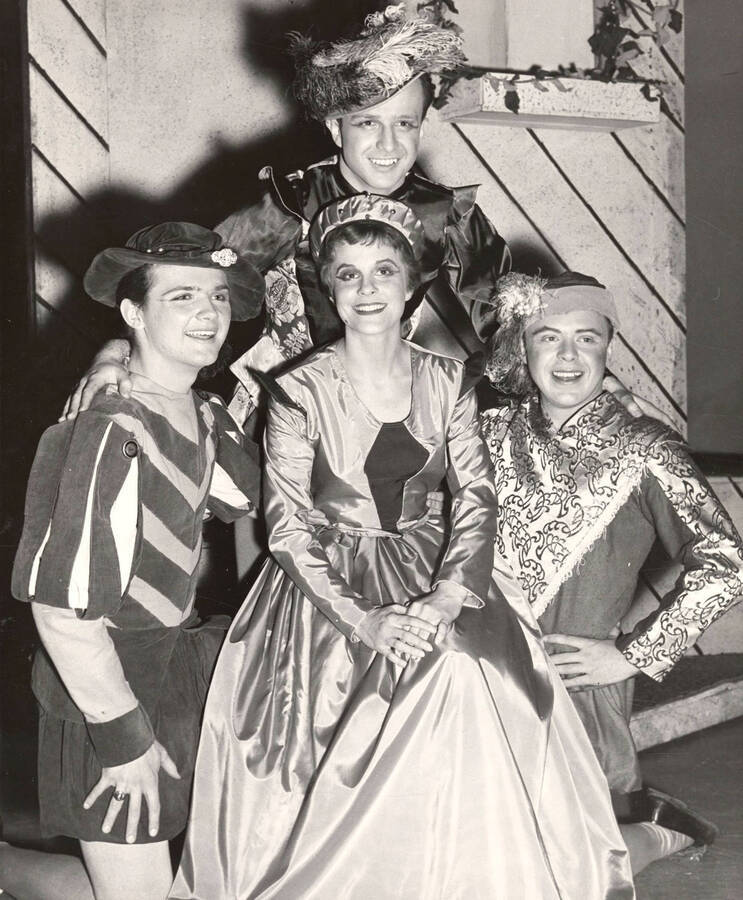 Mary Jane Milbrath, Bert Allen, Richard Cripe and Graham Knox pose for a promotional photograph for the drama production of 'Kiss Me Kate'.
