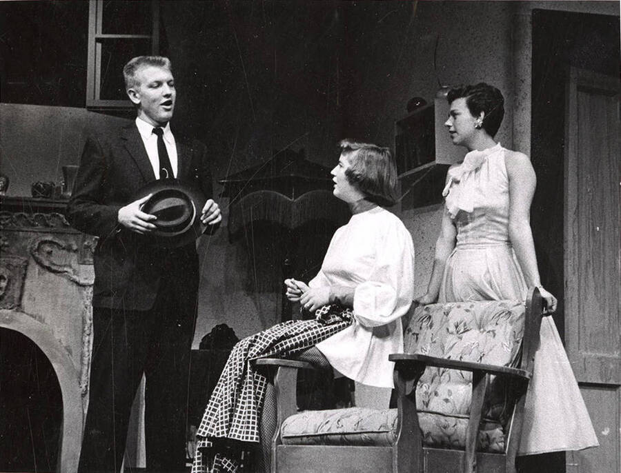 Charles Tovey, Nancy Benfer and Shirley Turner perform together on stage during a drama production of 'My Sister Eileen'.