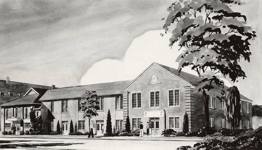 A watercolor model of the proposed Student Union Building.