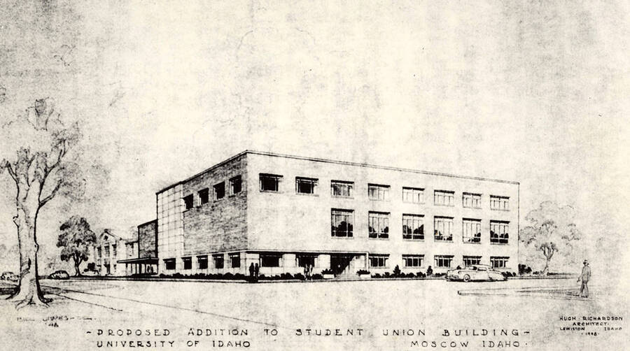 A sketched rendition of the proposed 1950 addition to the Student Union Building.