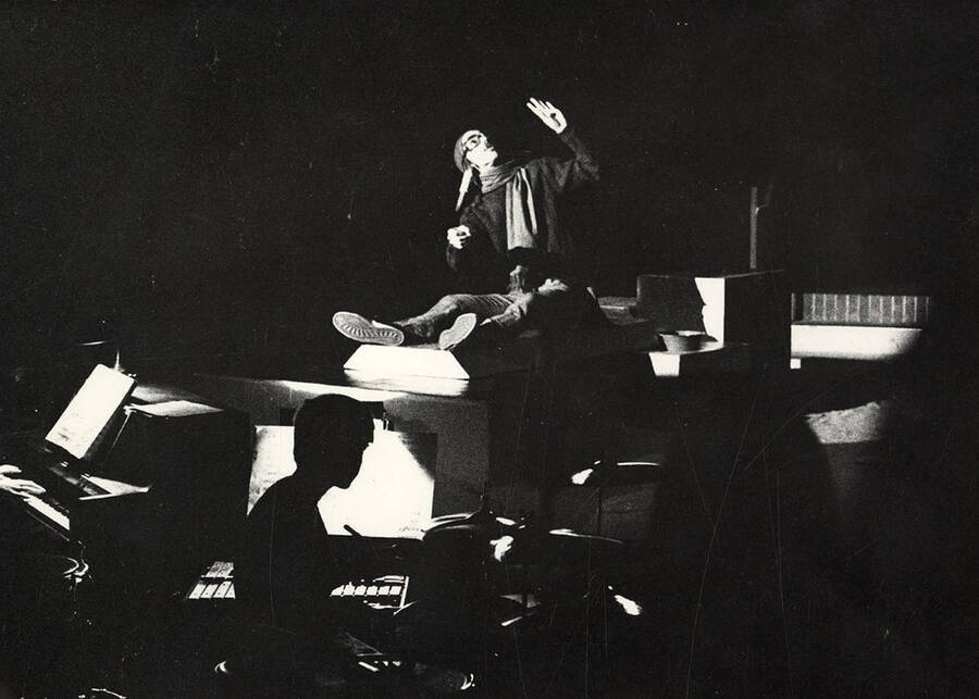A man sits on stage during the drama production of 'You're a Good Man, Charlie Brown.'