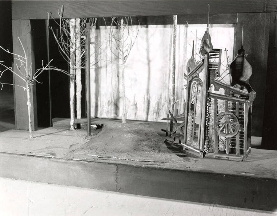 Model of the set of the University of Idaho drama production of 'Cherry Orchard.' This production was directed by Forrest Sears.