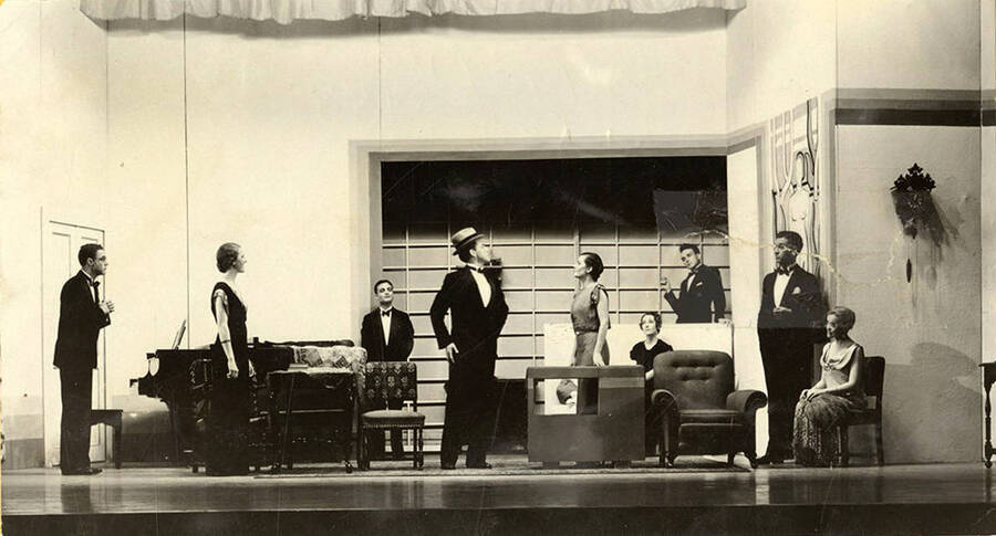 Scene from the University of Idaho drama production of 'Torchbearers.' Members of the cast include Catherine Brandt as Mrs. J. Duro Pampinelli, Grace Eldridge as Mrs. Nelly Fell, Marthalene Tanner as Mrs. Paula Ritter and Leland Cannon as Fred Ritter.