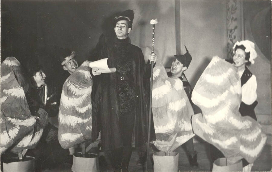The University of Idaho drama production of 'Twelfth Night.' Jack Hoag as Sir Andrew, Richard Pennell as Sir Toby, Harry Dalva as Malvalio, Dale Kassel as Fabian, Bette West as Maria.