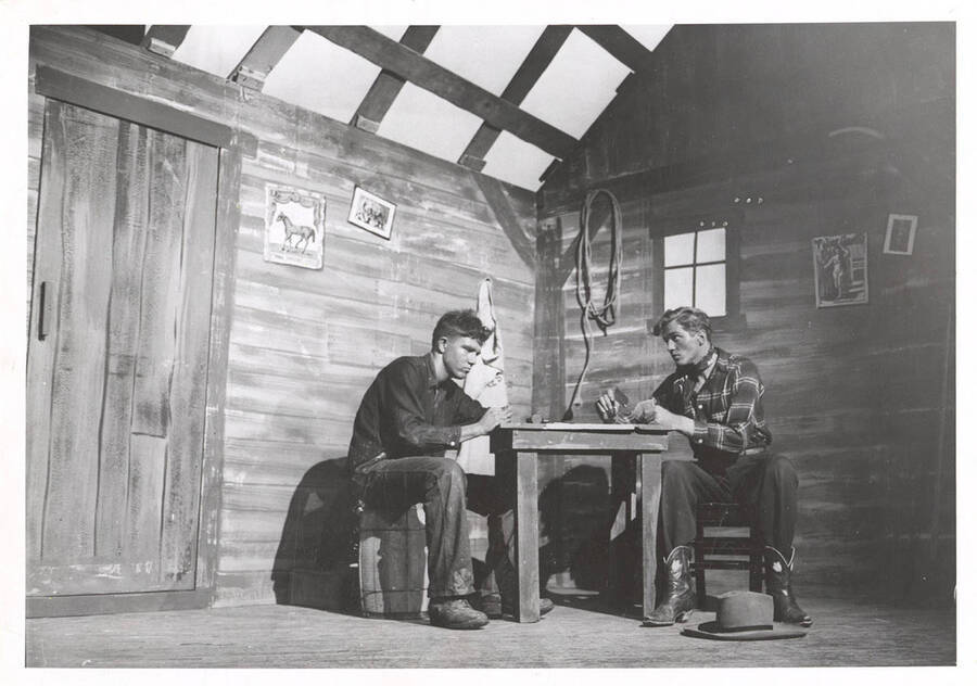 Evan LaFollette as Jeeter Fry and Gene Roth as Curly McClain in the University of Idaho drama production of 'Green Grow the Lilacs.'