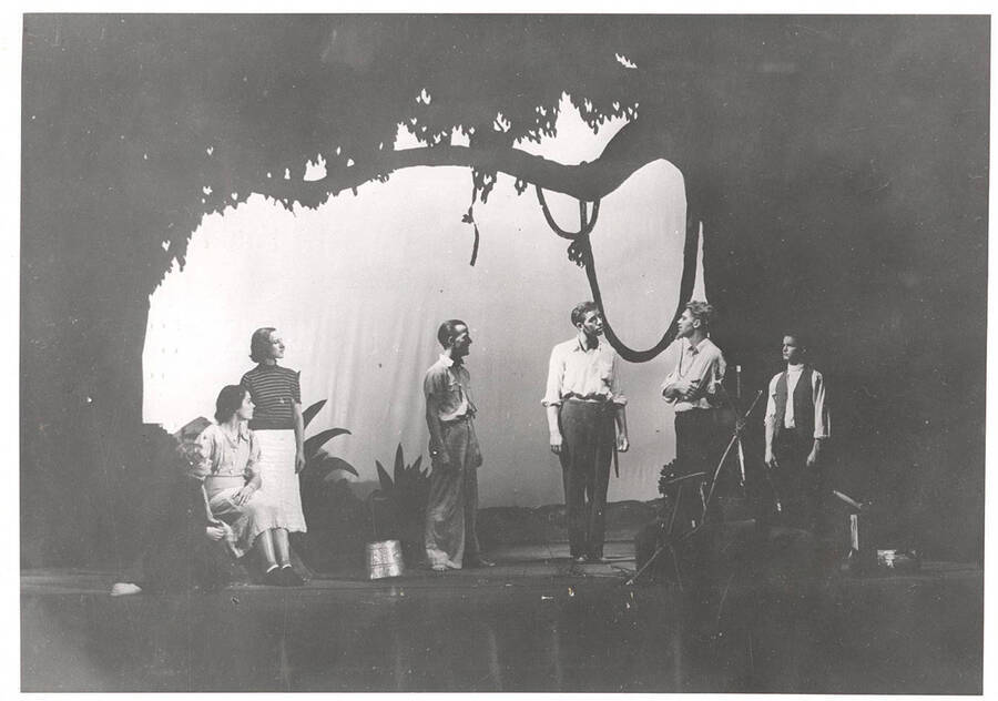 The University of Idaho drama production of 'The Admirable Crichton.' Ruth Bennett as Lady Agatha, Grace Sollers as Lady Mary, George Oram as Honorable Ernest Wolley, Glen Starlin as Chrichton, Glendon Davis as Lord Loam, Joseph Mills as Treherne.