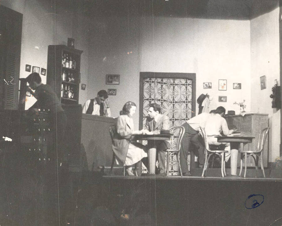The University of Idaho drama production of 'The Time of Your Life.' Marvin Alexander as Willie, James Ford as Nick, Lois Winnter as Elsie, John Miller as Dudley, Tom Robinson as Harry and Don McDonald as Wesley.